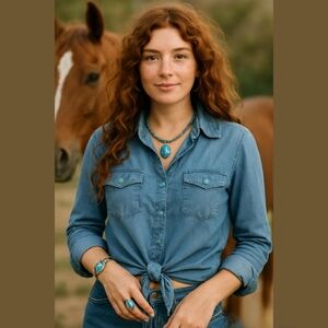 The Kooples Western Tie Front Lyocell Blouse Medium Button Up Modern Chic